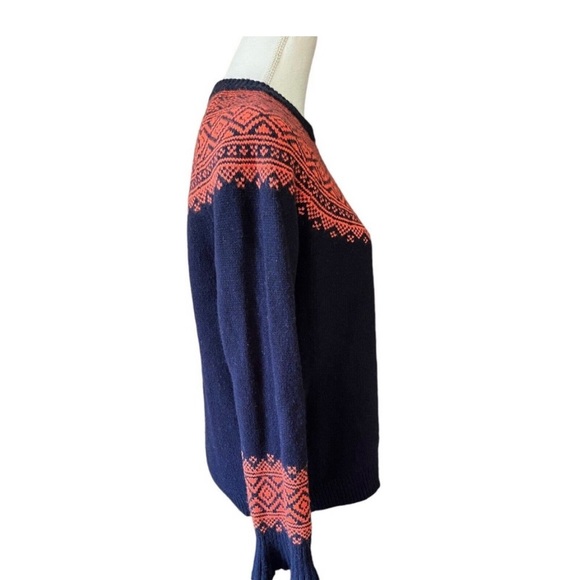 J. Crew Navy Blue Fair Isle Merino Wool Blend Ruffle Sleeve Knit Sweater Sz Med - Picture 2 of 6
